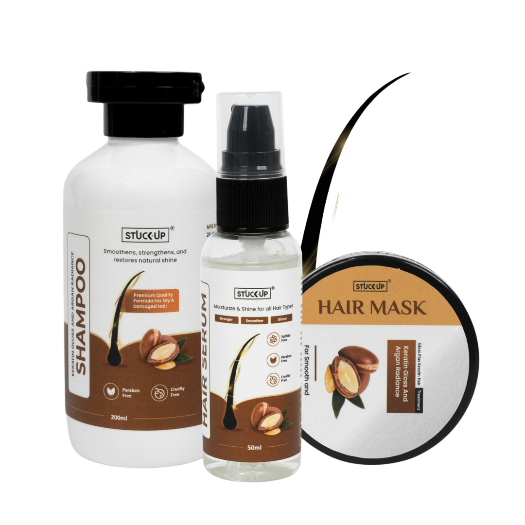Stuckup, Hair combo, keratin and argan oil shampoo, hair mask, hair serum, combo pack of hair oil serum and hair mask, frizz free hair, straight hair, smooth hair, shiny hair, enriched with argan oil, smoothing hair mask, combo of 350ml, 3 products in 1 combo, hair care combo, Keratin smooth hair at home