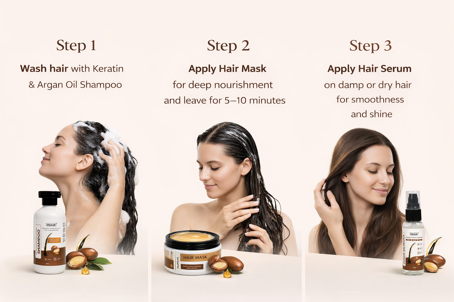 Stuck-up hair care combo: Shampoo, mask, serum, how to use, steps.